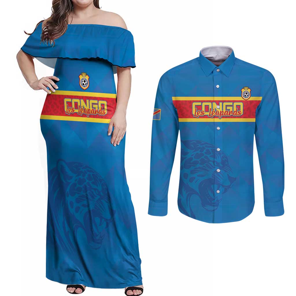 Custom DR Congo Football Couples Matching Off Shoulder Maxi Dress and Long Sleeve Button Shirt Go Les Léopards
