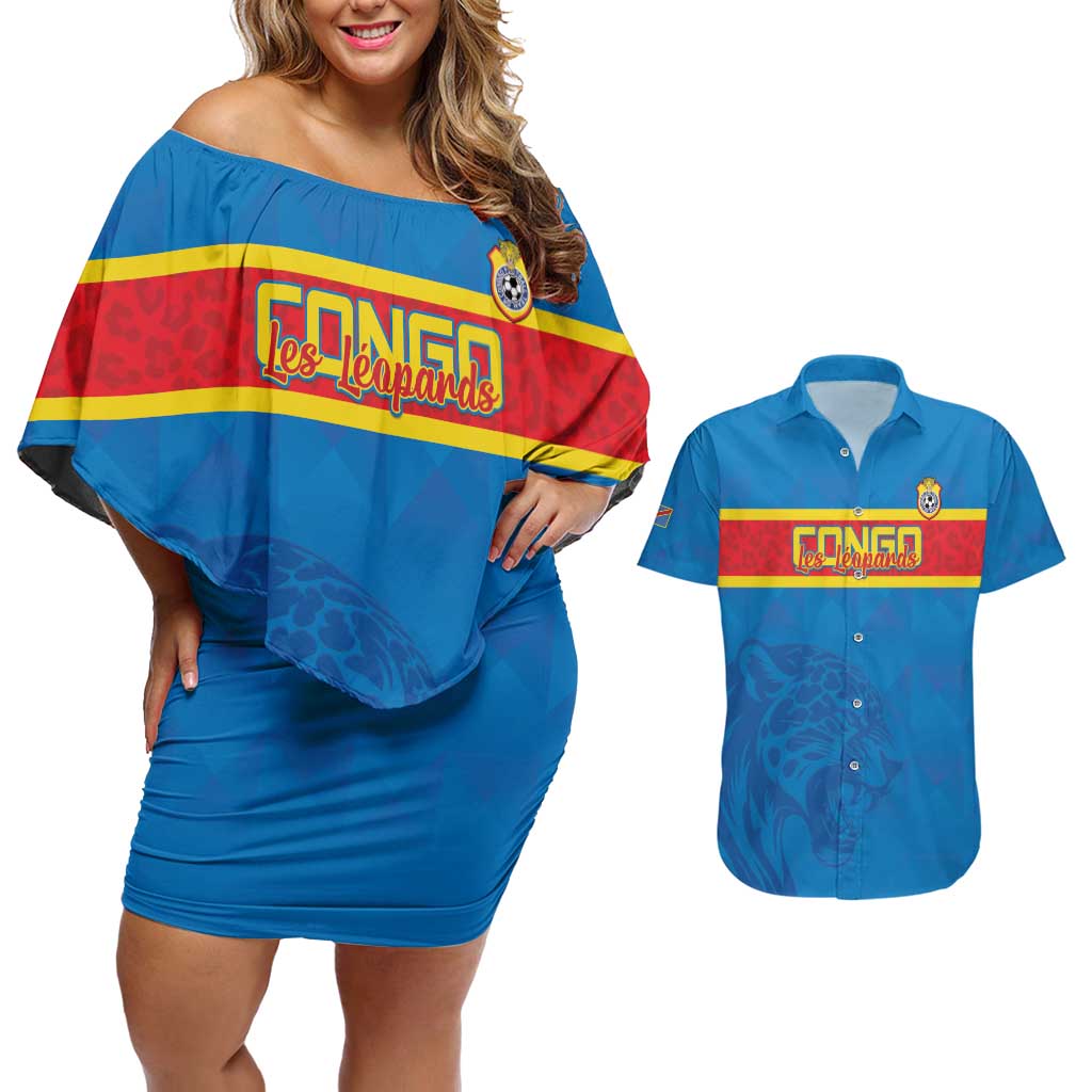 Custom DR Congo Football Couples Matching Off Shoulder Short Dress and Hawaiian Shirt Go Les Léopards