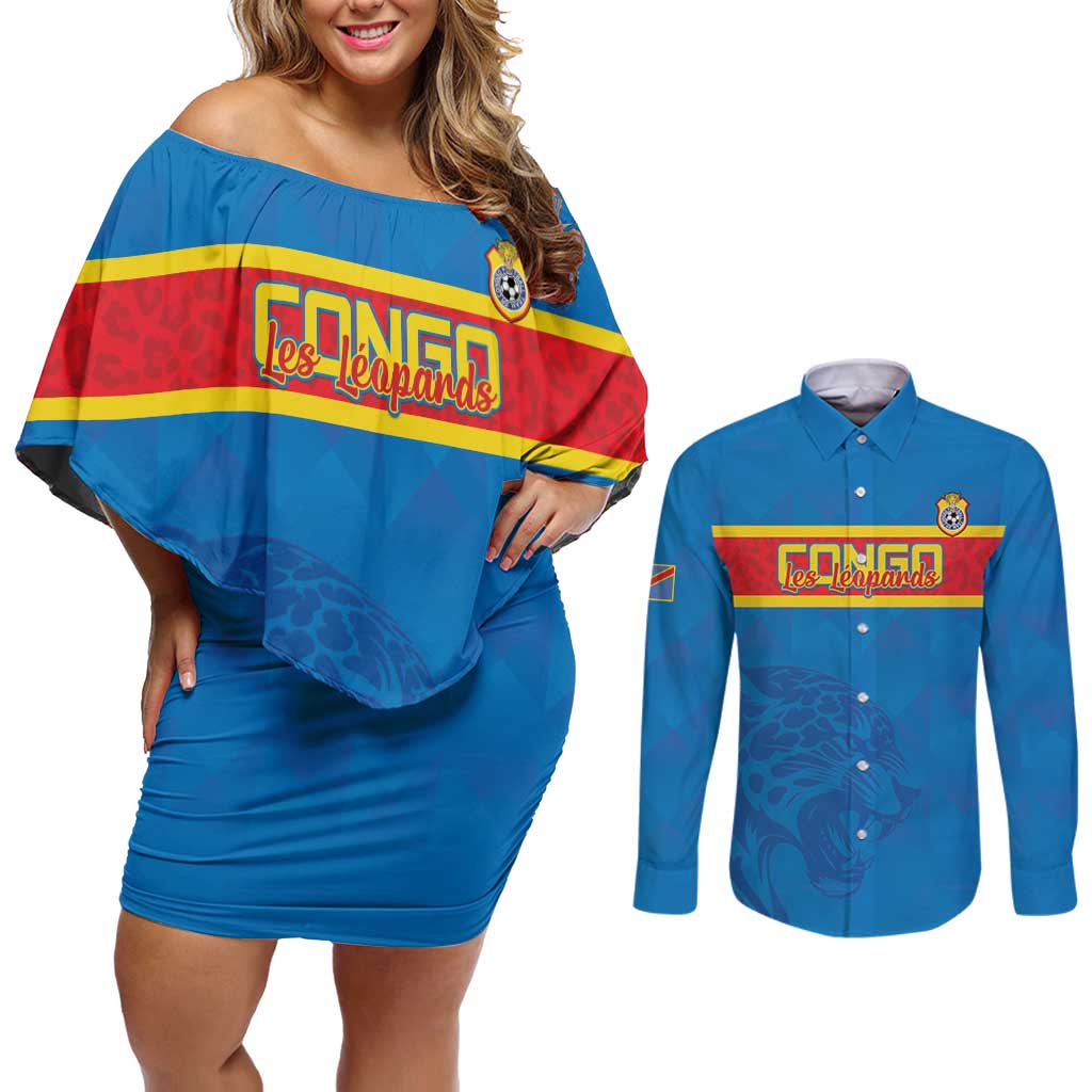 Custom DR Congo Football Couples Matching Off Shoulder Short Dress and Long Sleeve Button Shirt Go Les Léopards