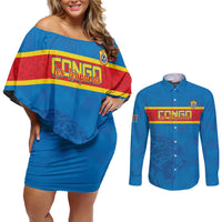 Custom DR Congo Football Couples Matching Off Shoulder Short Dress and Long Sleeve Button Shirt Go Les Léopards