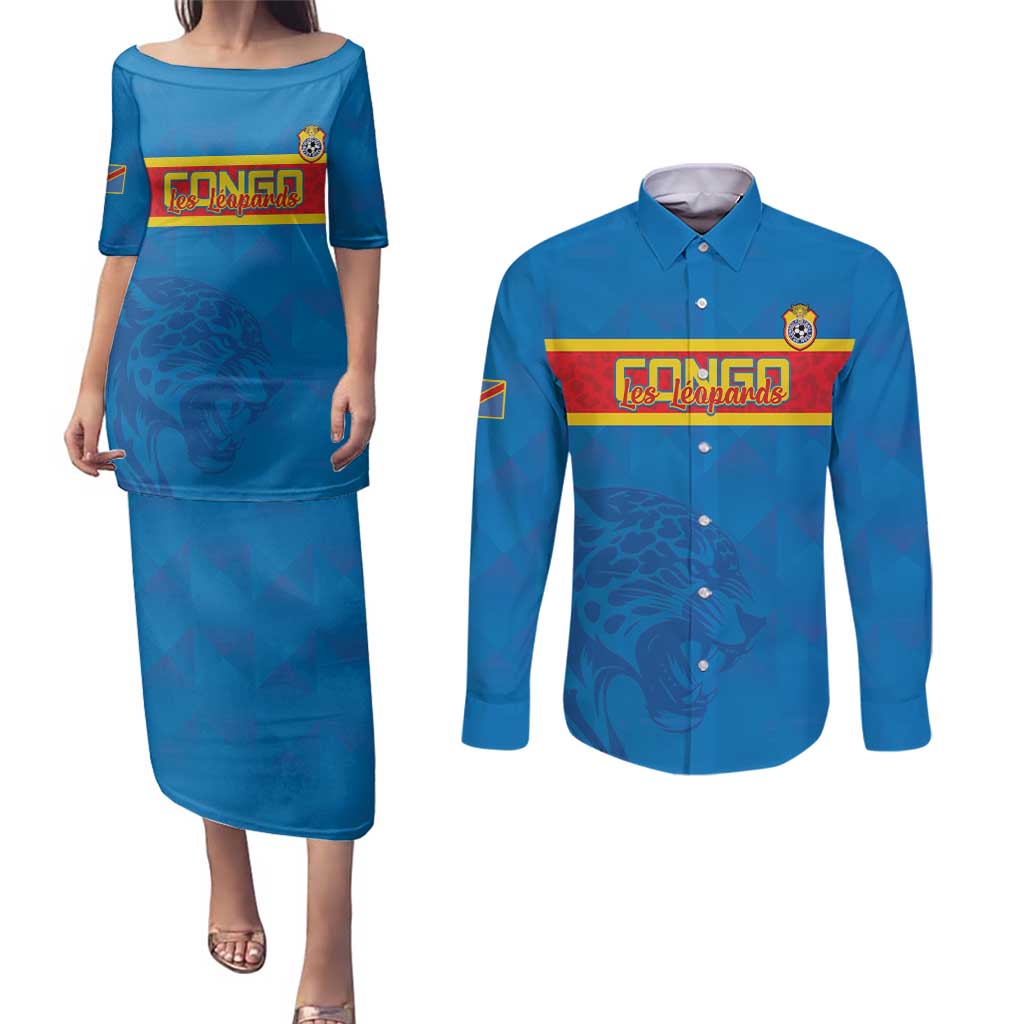 Custom DR Congo Football Couples Matching Puletasi and Long Sleeve Button Shirt Go Les Léopards