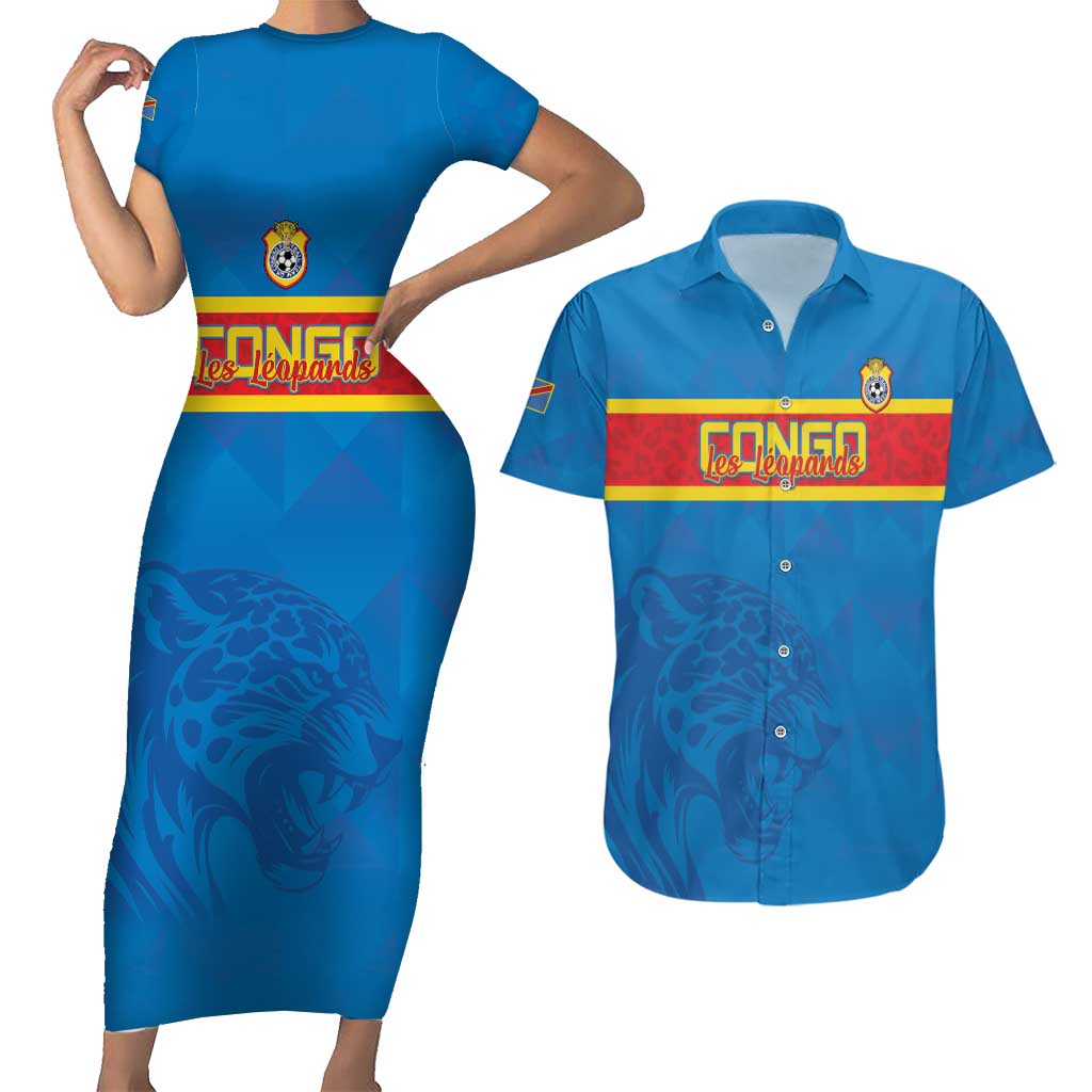 Custom DR Congo Football Couples Matching Short Sleeve Bodycon Dress and Hawaiian Shirt Go Les Léopards