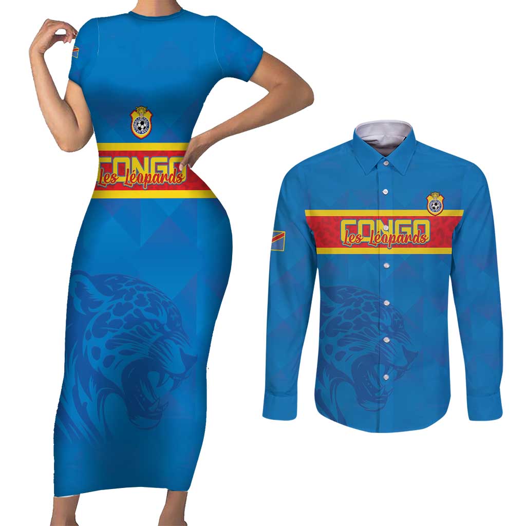 Custom DR Congo Football Couples Matching Short Sleeve Bodycon Dress and Long Sleeve Button Shirt Go Les Léopards