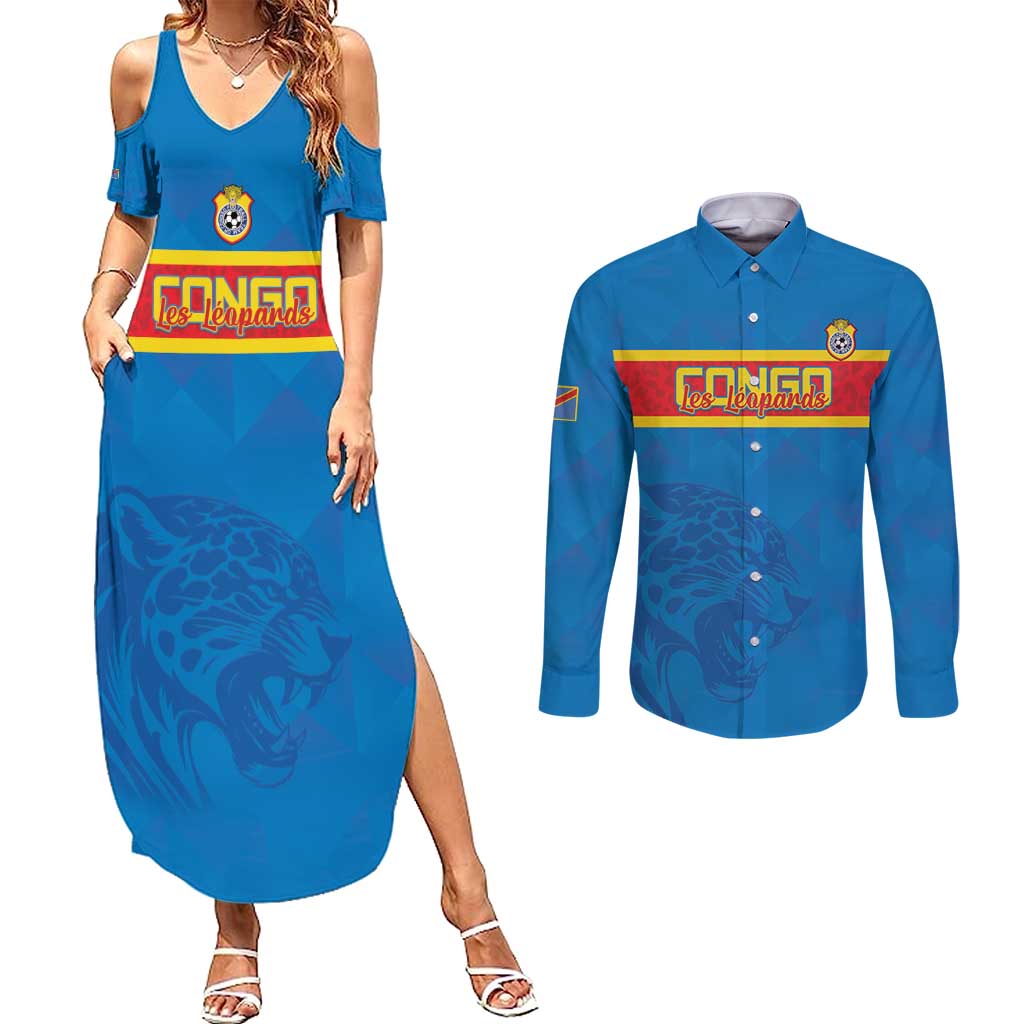 Custom DR Congo Football Couples Matching Summer Maxi Dress and Long Sleeve Button Shirt Go Les Léopards