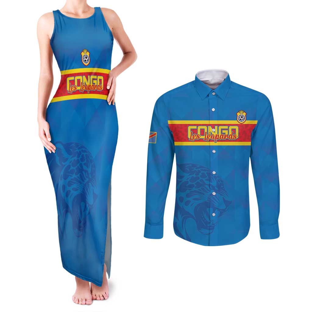 Custom DR Congo Football Couples Matching Tank Maxi Dress and Long Sleeve Button Shirt Go Les Léopards