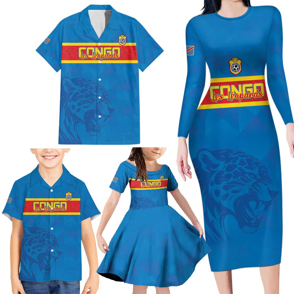 Custom DR Congo Football Family Matching Long Sleeve Bodycon Dress and Hawaiian Shirt Go Les Léopards