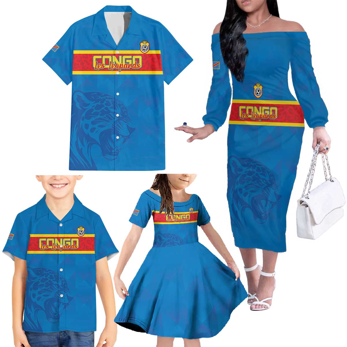 Custom DR Congo Football Family Matching Off The Shoulder Long Sleeve Dress and Hawaiian Shirt Go Les Léopards