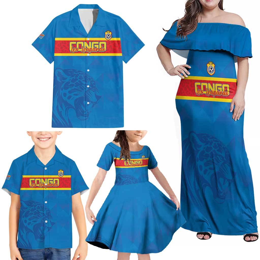 Custom DR Congo Football Family Matching Off Shoulder Maxi Dress and Hawaiian Shirt Go Les Léopards