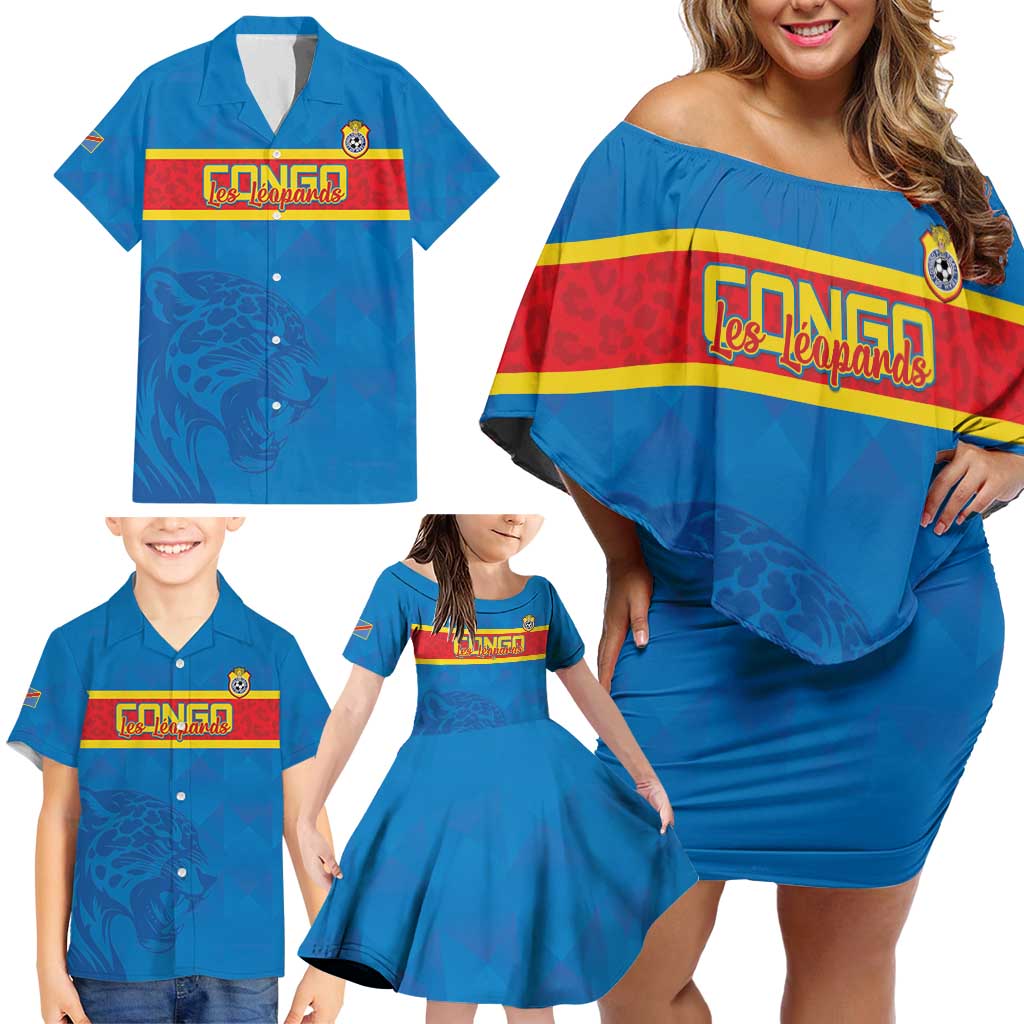 Custom DR Congo Football Family Matching Off Shoulder Short Dress and Hawaiian Shirt Go Les Léopards