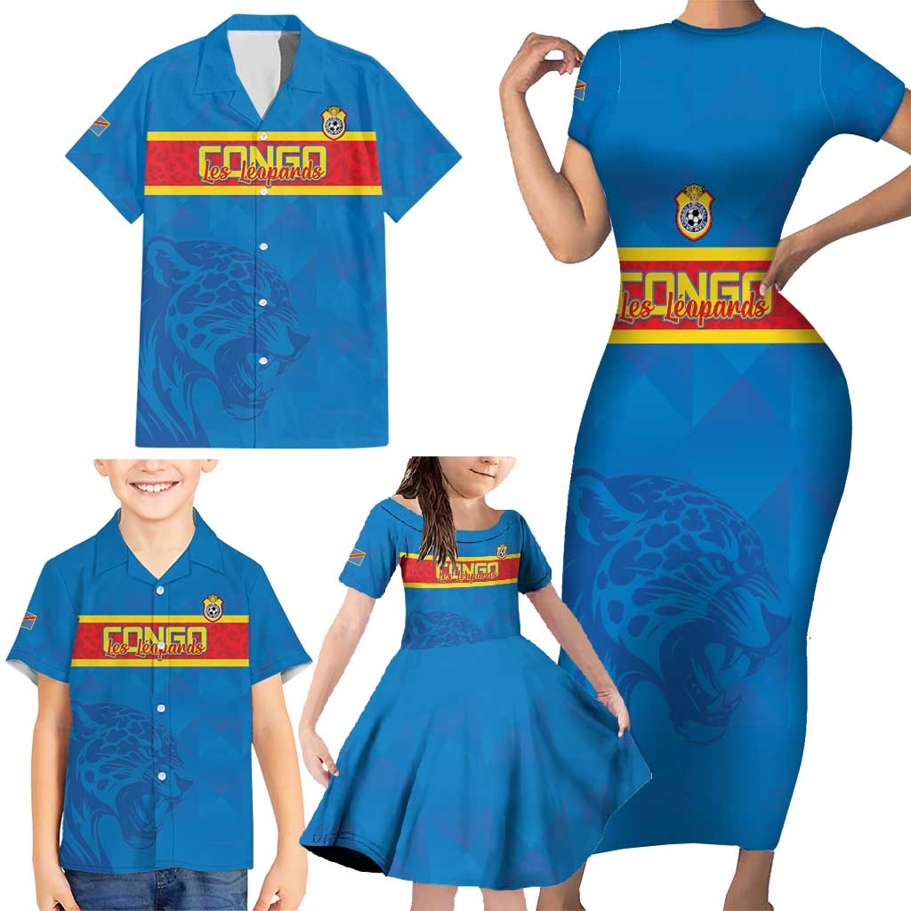 Custom DR Congo Football Family Matching Short Sleeve Bodycon Dress and Hawaiian Shirt Go Les Léopards