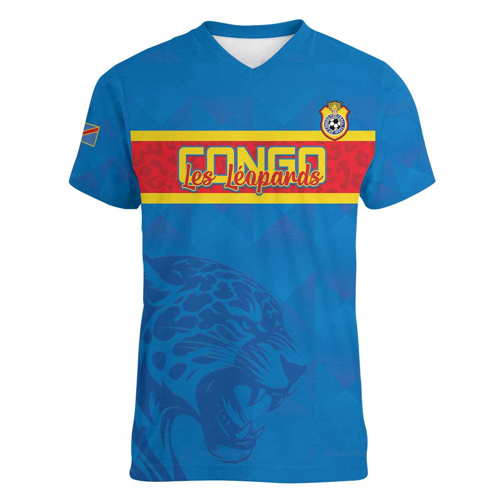 Custom DR Congo Football Women V-Neck T-Shirt Go Les Léopards