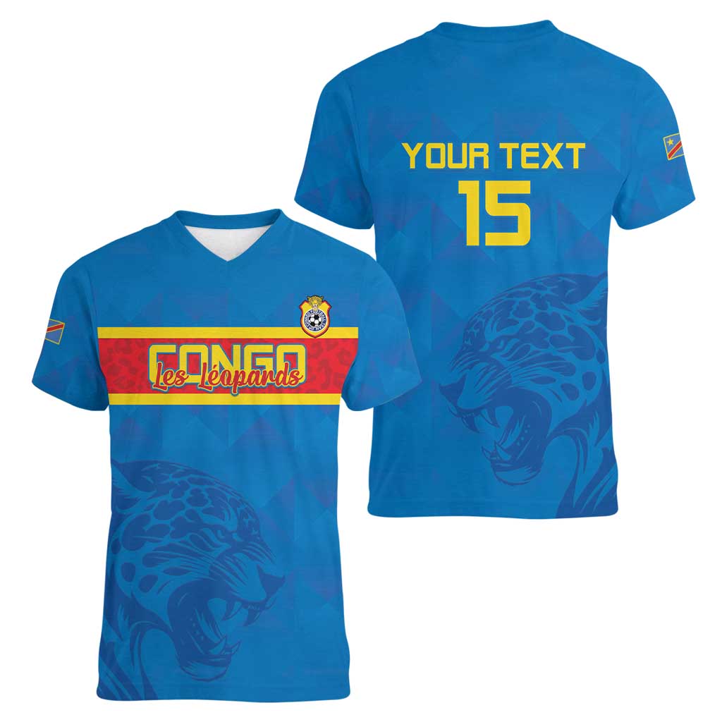 Custom DR Congo Football Women V-Neck T-Shirt Go Les Léopards