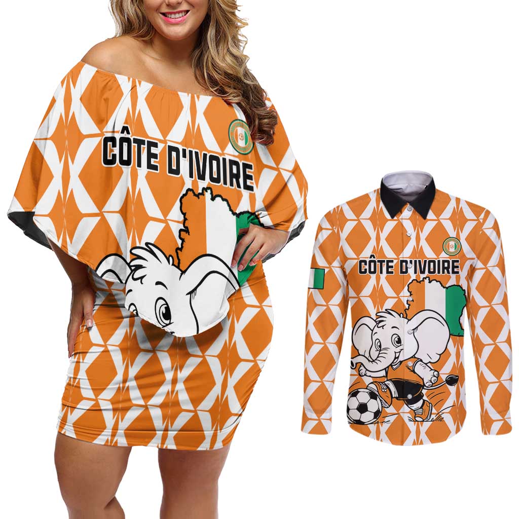 Custom Ivory Coast Football Couples Matching Off Shoulder Short Dress and Long Sleeve Button Shirt Go Champions