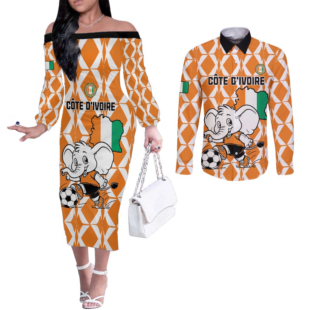 Custom Ivory Coast Football Couples Matching Off The Shoulder Long Sleeve Dress and Long Sleeve Button Shirt Go Champions