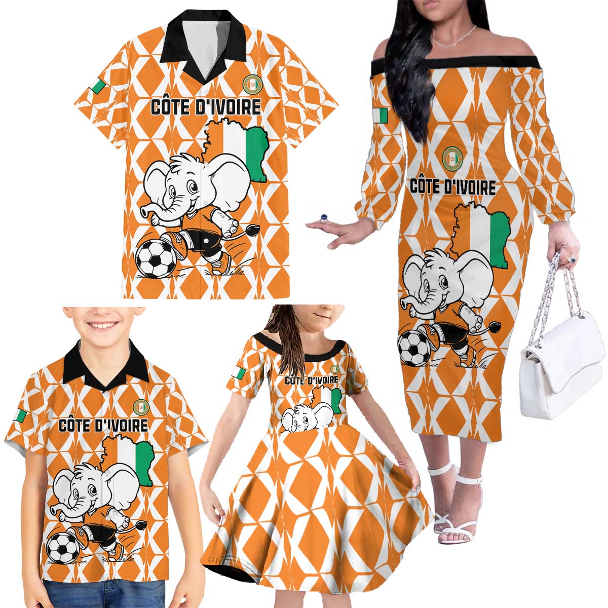 Custom Ivory Coast Football Family Matching Off The Shoulder Long Sleeve Dress and Hawaiian Shirt Go Champions