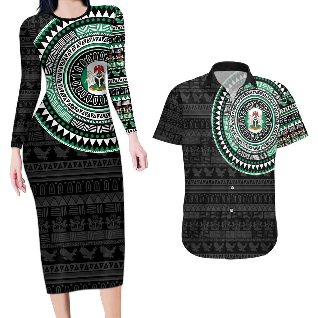 Nigeria Couples Matching Long Sleeve Bodycon Dress and Hawaiian Shirt African Tribal Pattern