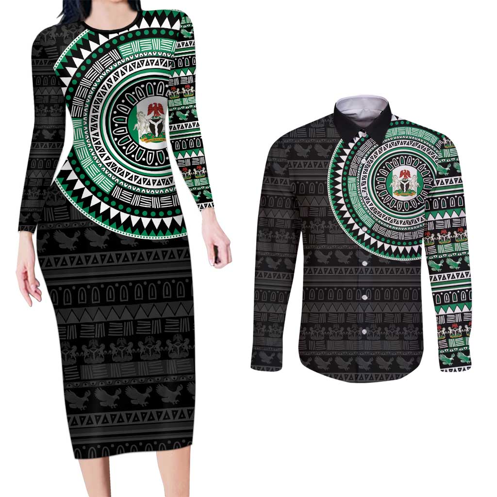 Nigeria Couples Matching Long Sleeve Bodycon Dress and Long Sleeve Button Shirt African Tribal Pattern
