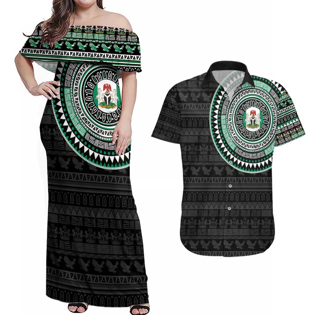 Nigeria Couples Matching Off Shoulder Maxi Dress and Hawaiian Shirt African Tribal Pattern