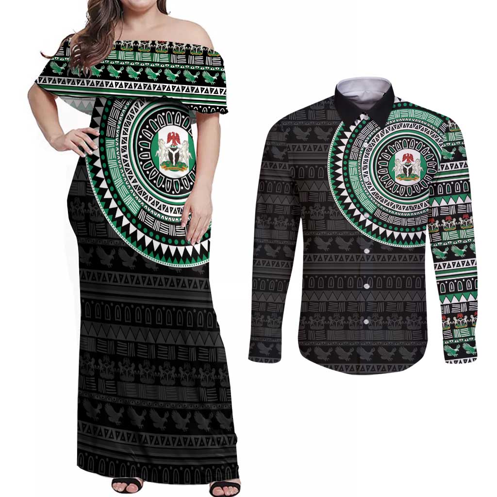 Nigeria Couples Matching Off Shoulder Maxi Dress and Long Sleeve Button Shirt African Tribal Pattern