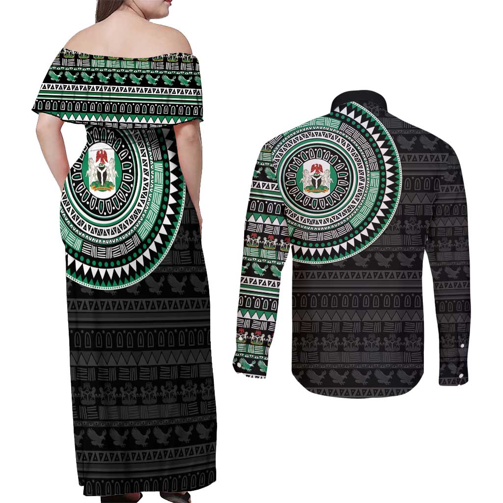 Nigeria Couples Matching Off Shoulder Maxi Dress and Long Sleeve Button Shirt African Tribal Pattern