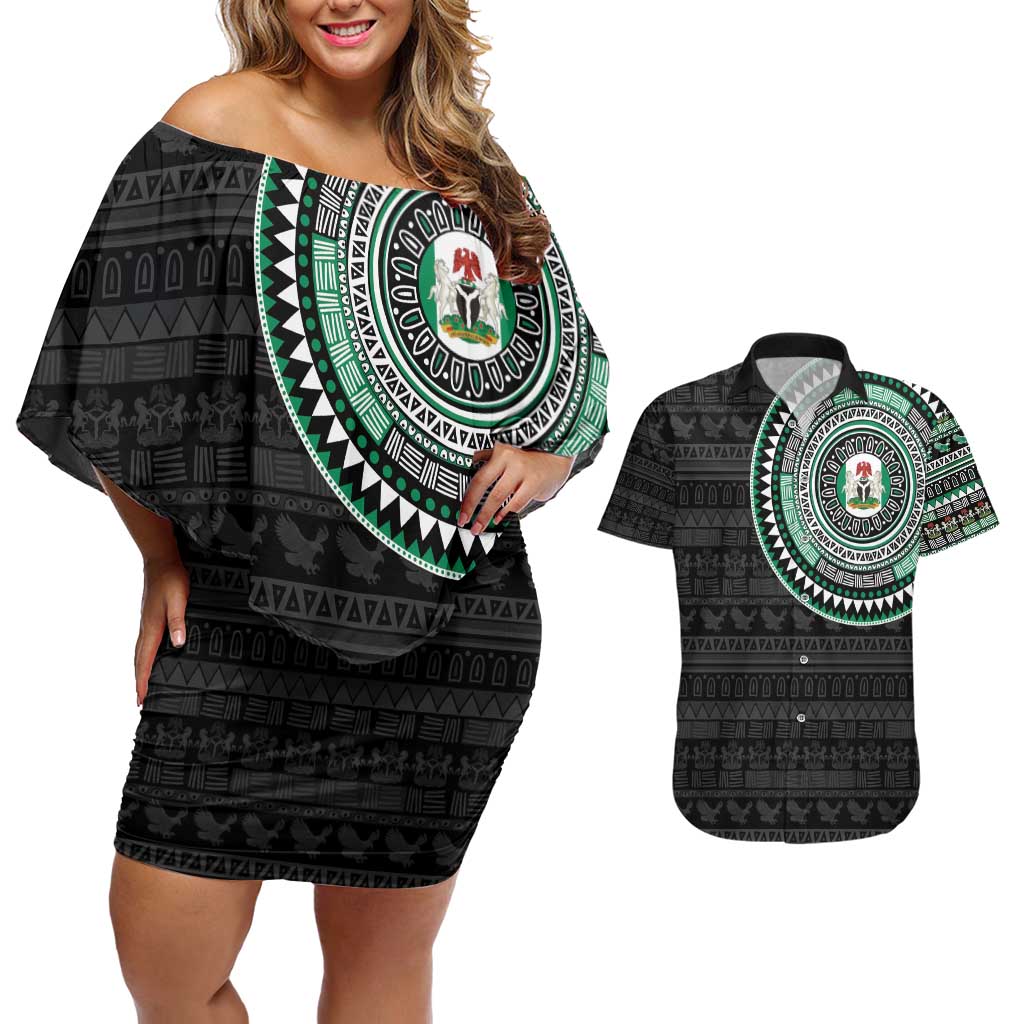 Nigeria Couples Matching Off Shoulder Short Dress and Hawaiian Shirt African Tribal Pattern