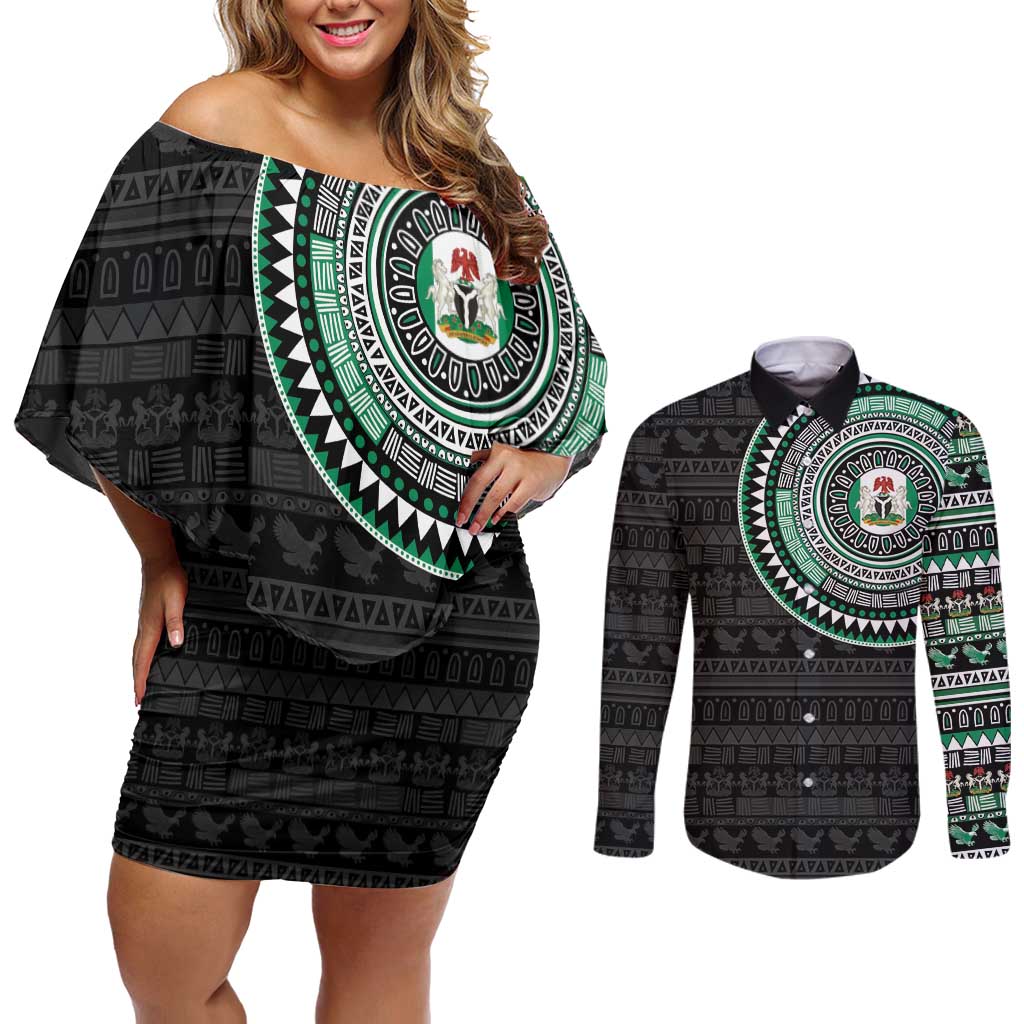 Nigeria Couples Matching Off Shoulder Short Dress and Long Sleeve Button Shirt African Tribal Pattern