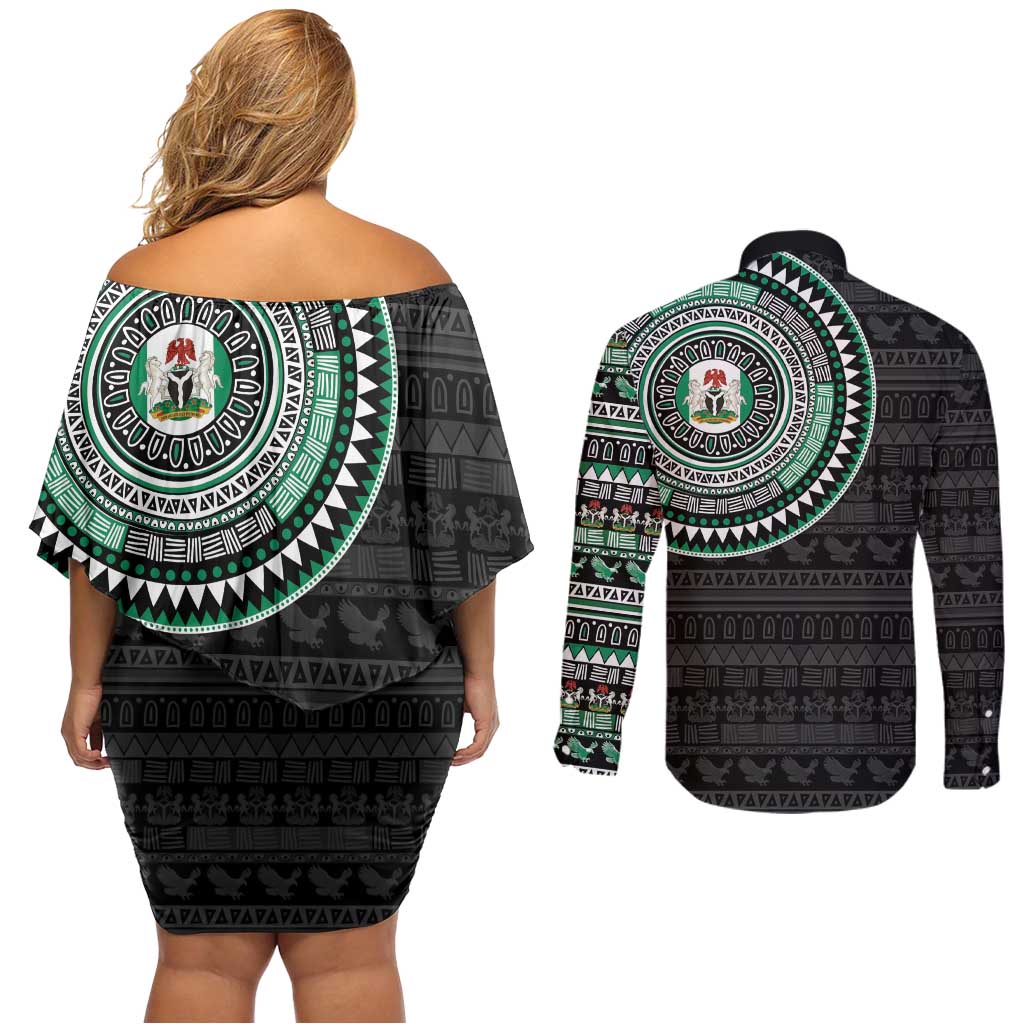 Nigeria Couples Matching Off Shoulder Short Dress and Long Sleeve Button Shirt African Tribal Pattern