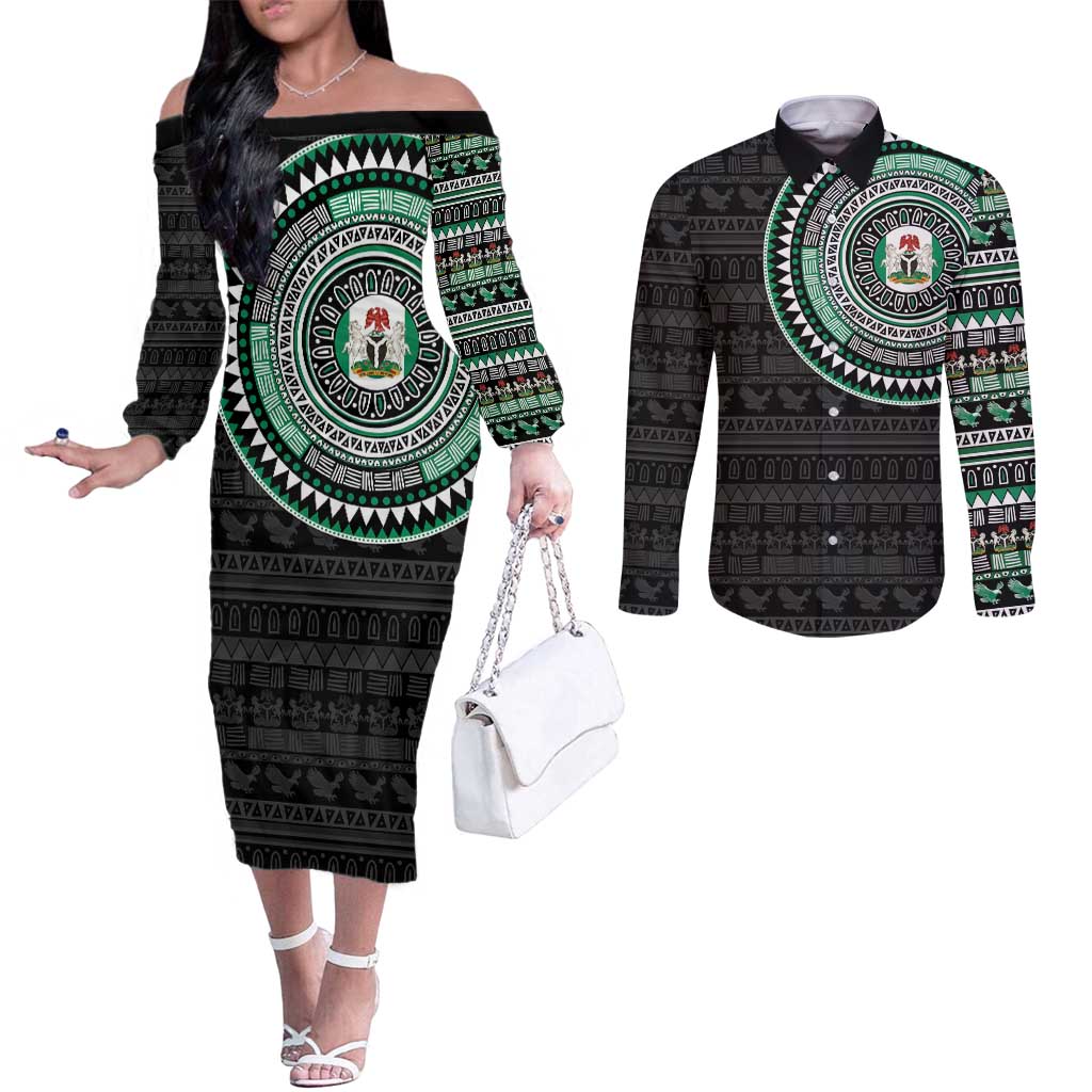 Nigeria Couples Matching Off The Shoulder Long Sleeve Dress and Long Sleeve Button Shirt African Tribal Pattern