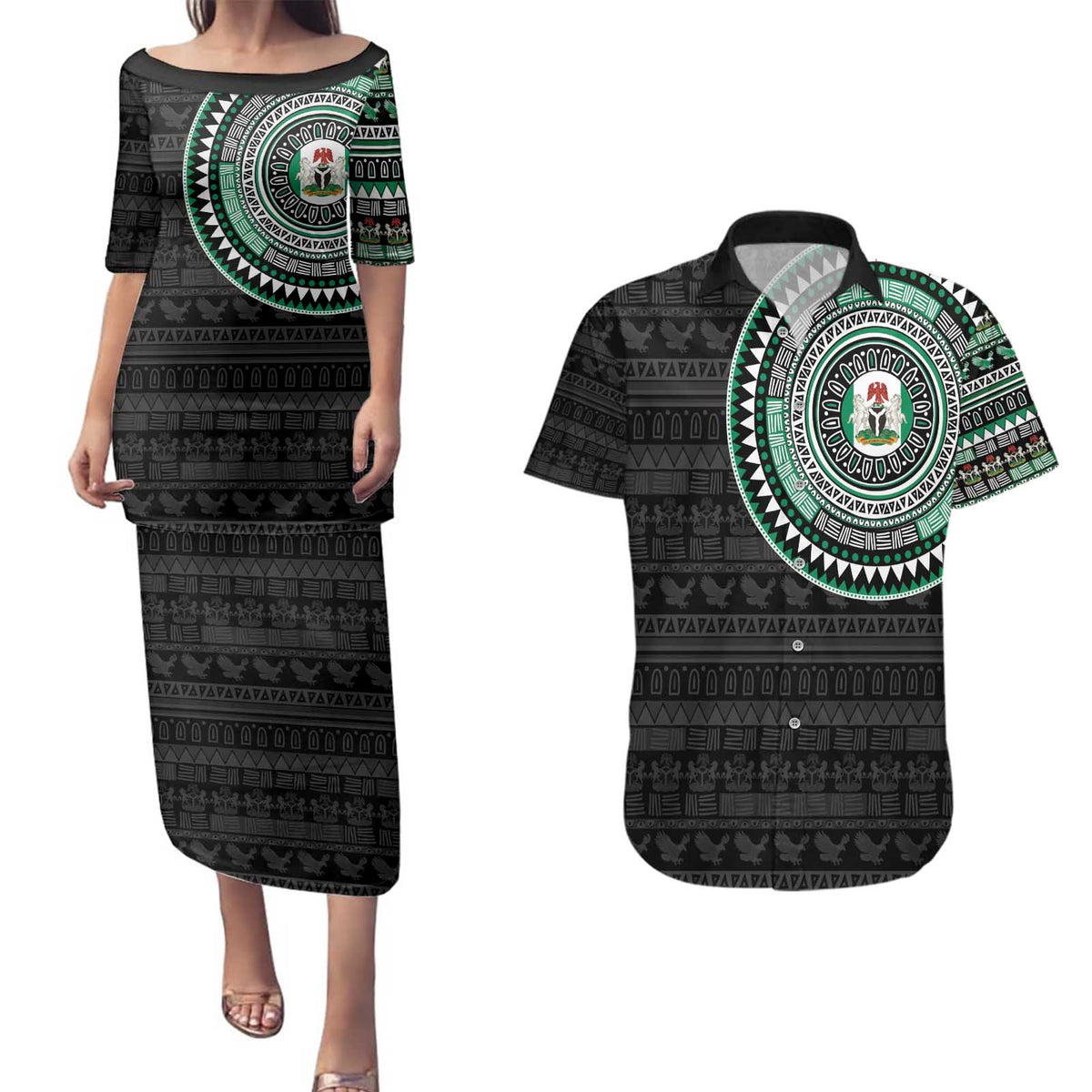 Nigeria Couples Matching Puletasi and Hawaiian Shirt African Tribal Pattern