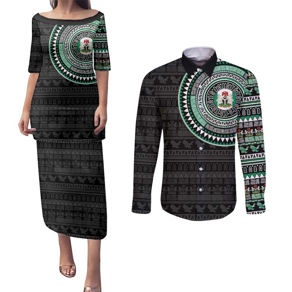 Nigeria Couples Matching Puletasi and Long Sleeve Button Shirt African Tribal Pattern