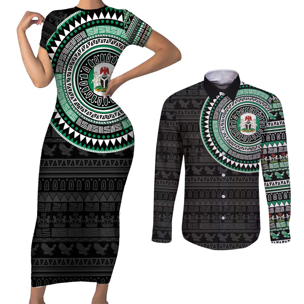 Nigeria Couples Matching Short Sleeve Bodycon Dress and Long Sleeve Button Shirt African Tribal Pattern