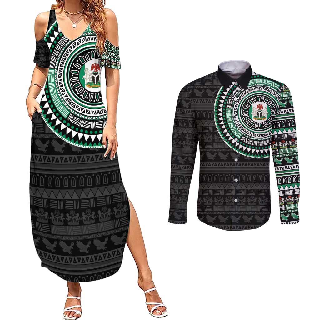 Nigeria Couples Matching Summer Maxi Dress and Long Sleeve Button Shirt African Tribal Pattern