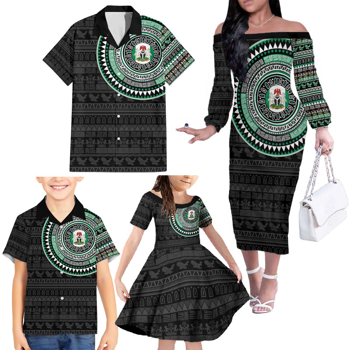 Nigeria Family Matching Off The Shoulder Long Sleeve Dress and Hawaiian Shirt African Tribal Pattern
