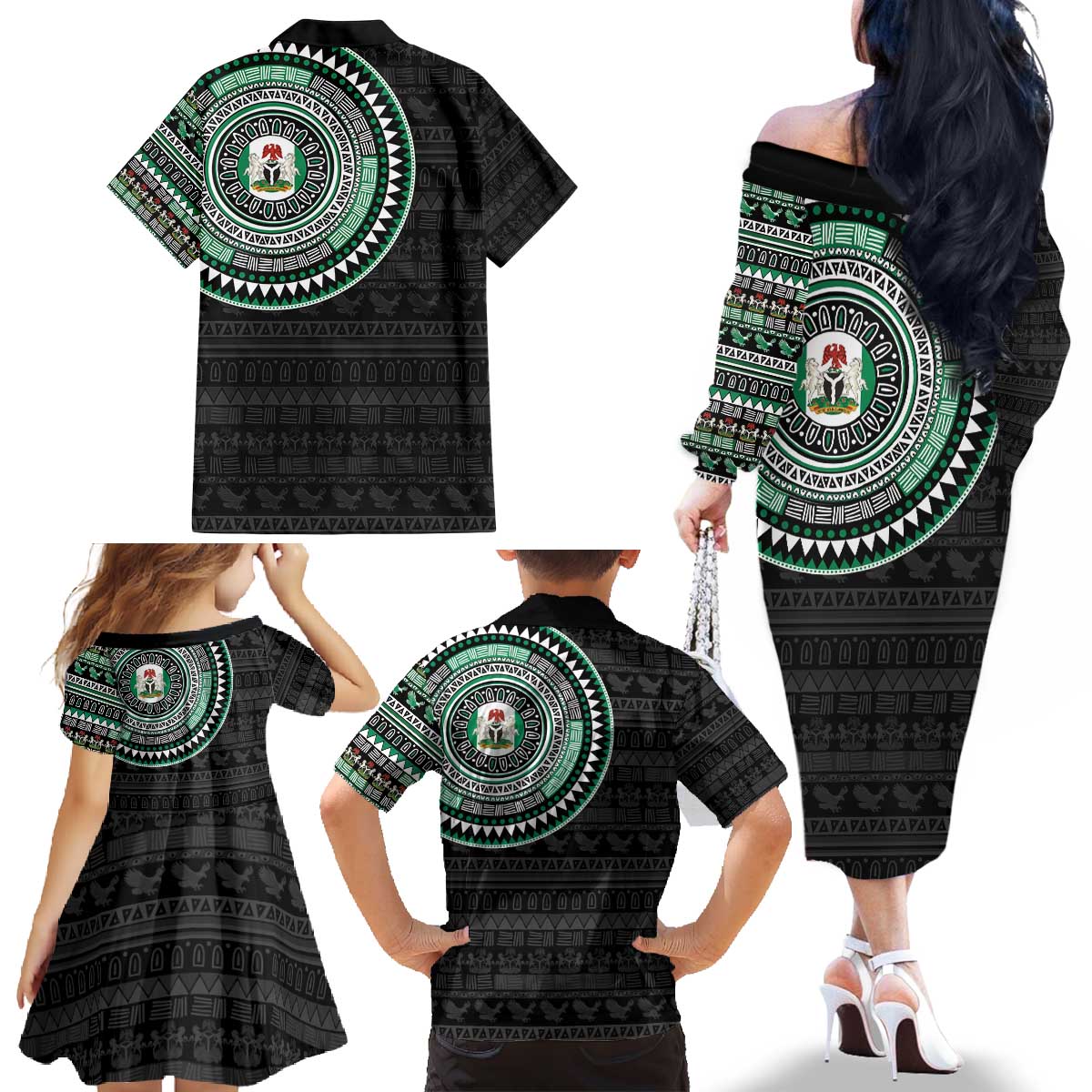 Nigeria Family Matching Off The Shoulder Long Sleeve Dress and Hawaiian Shirt African Tribal Pattern