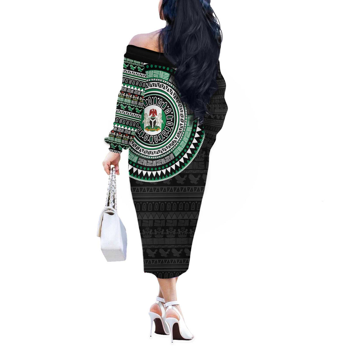 Nigeria Off The Shoulder Long Sleeve Dress African Tribal Pattern