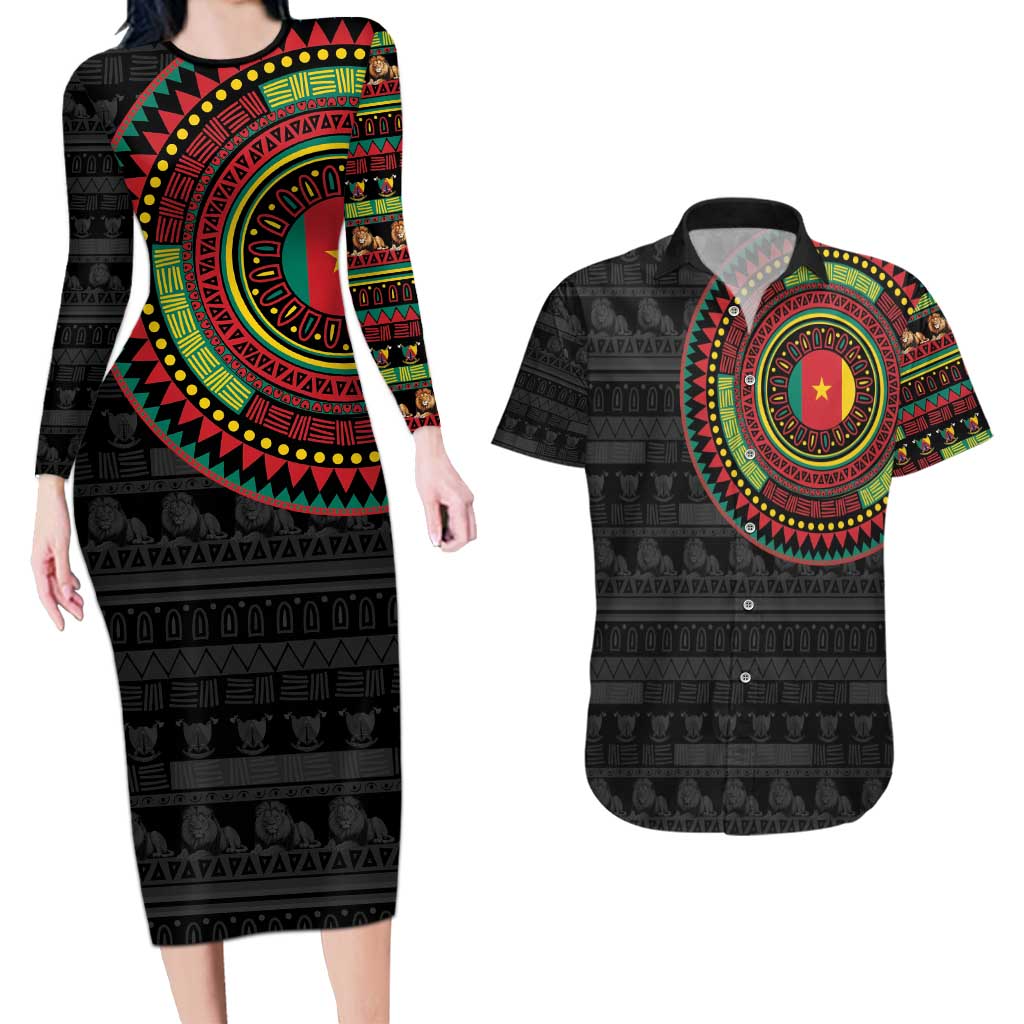 Cameroon Couples Matching Long Sleeve Bodycon Dress and Hawaiian Shirt African Tribal Pattern
