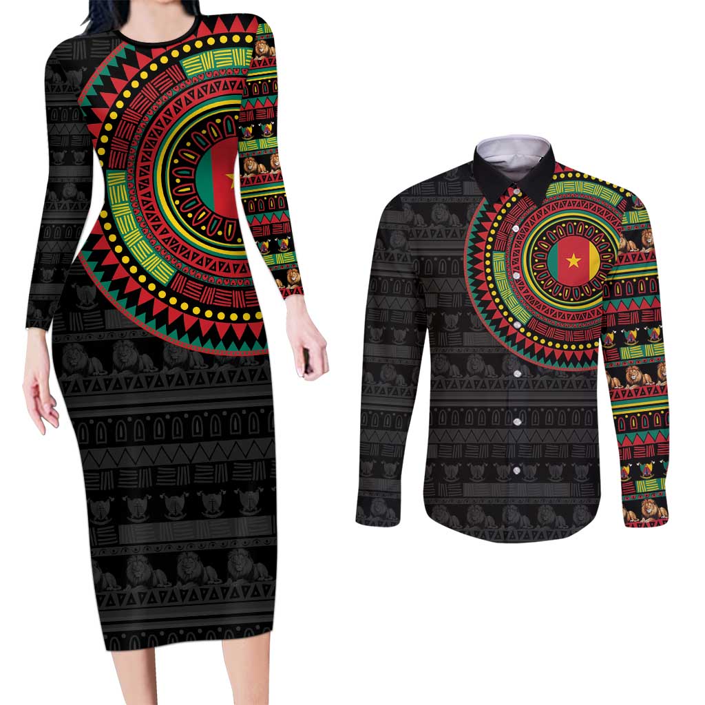 Cameroon Couples Matching Long Sleeve Bodycon Dress and Long Sleeve Button Shirt African Tribal Pattern