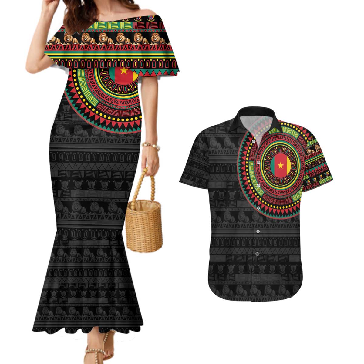 Cameroon Couples Matching Mermaid Dress and Hawaiian Shirt African Tribal Pattern