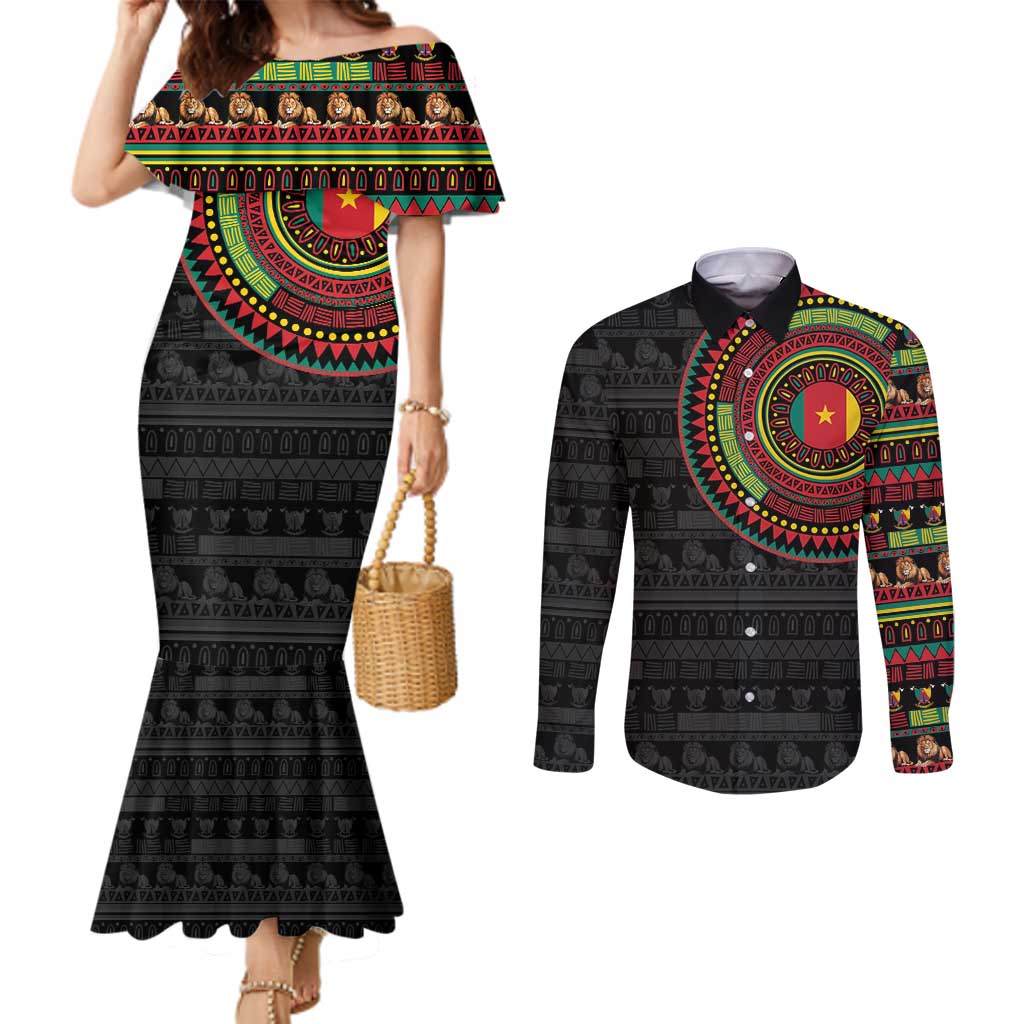 Cameroon Couples Matching Mermaid Dress and Long Sleeve Button Shirt African Tribal Pattern