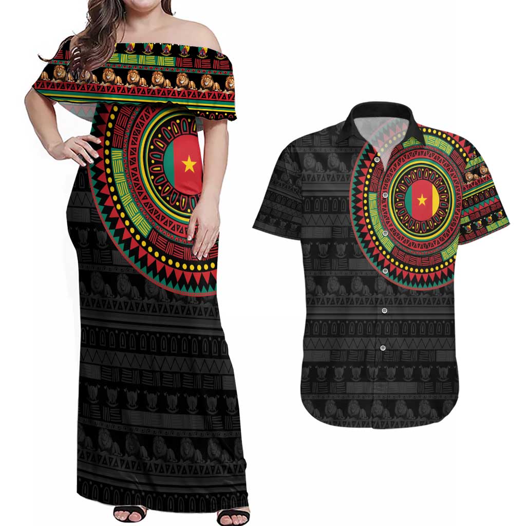 Cameroon Couples Matching Off Shoulder Maxi Dress and Hawaiian Shirt African Tribal Pattern
