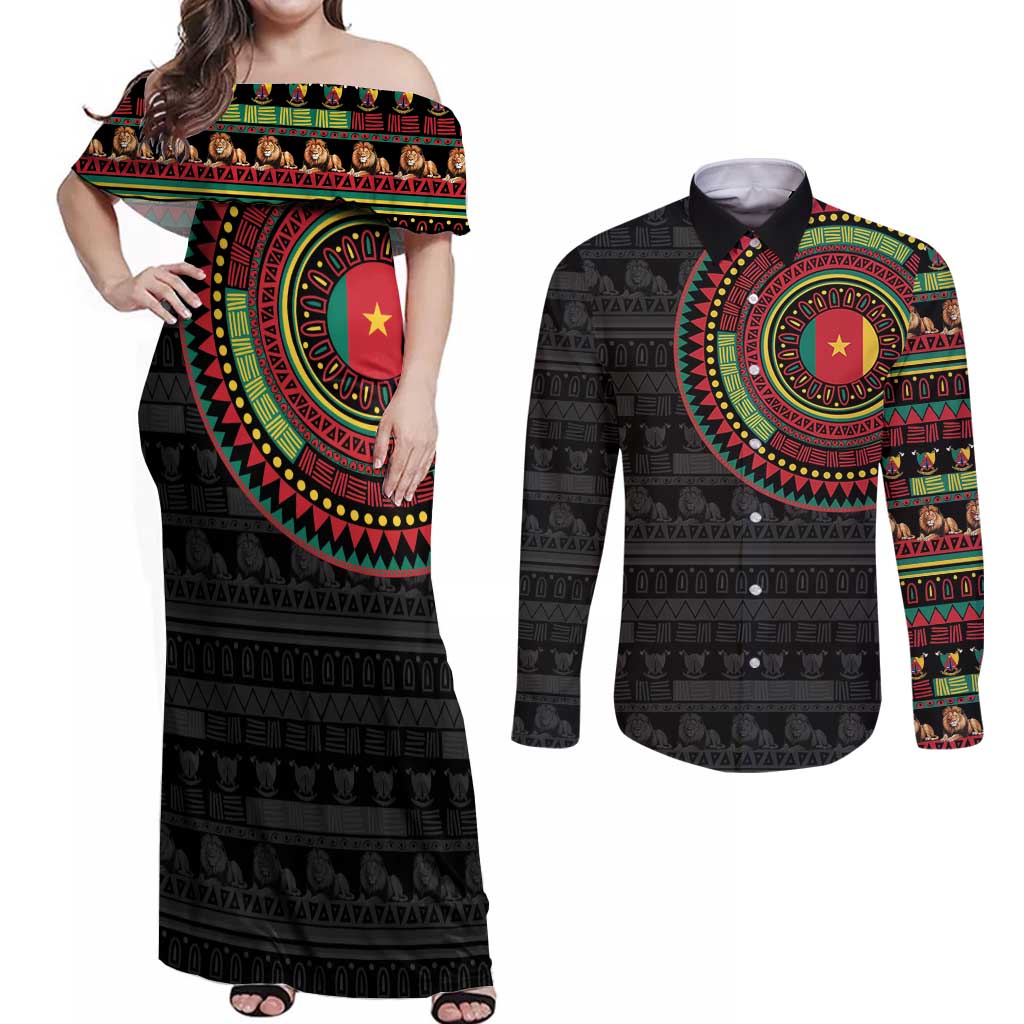 Cameroon Couples Matching Off Shoulder Maxi Dress and Long Sleeve Button Shirt African Tribal Pattern