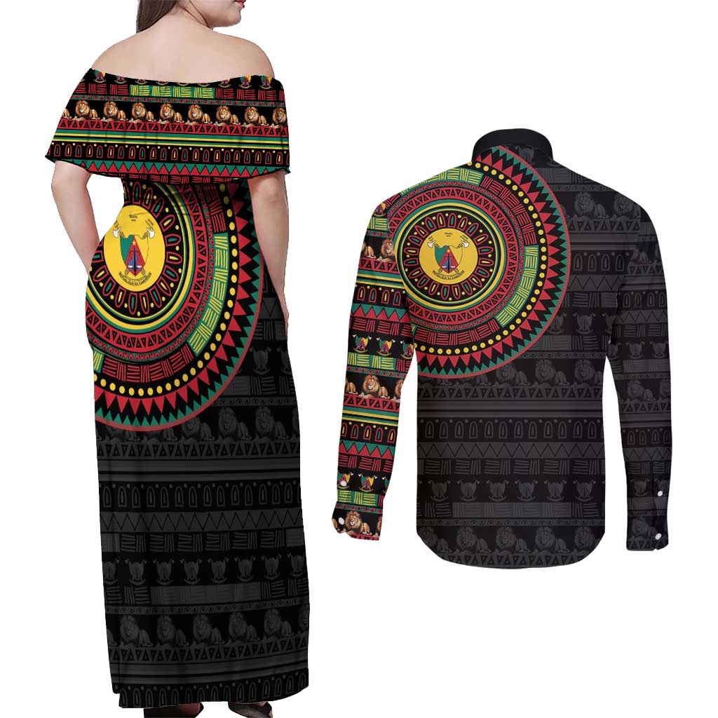 Cameroon Couples Matching Off Shoulder Maxi Dress and Long Sleeve Button Shirt African Tribal Pattern