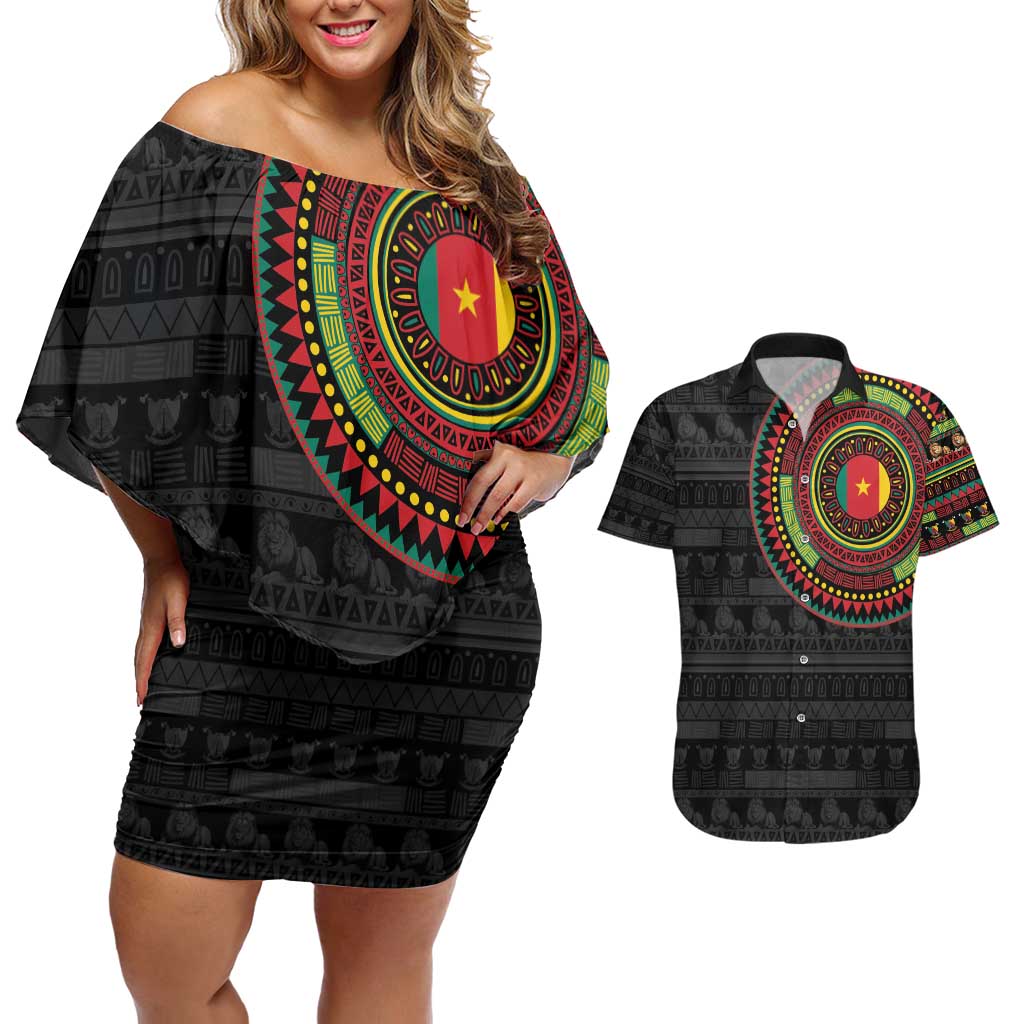 Cameroon Couples Matching Off Shoulder Short Dress and Hawaiian Shirt African Tribal Pattern