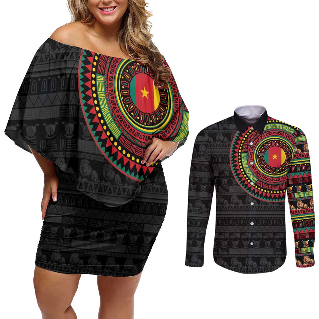 Cameroon Couples Matching Off Shoulder Short Dress and Long Sleeve Button Shirt African Tribal Pattern