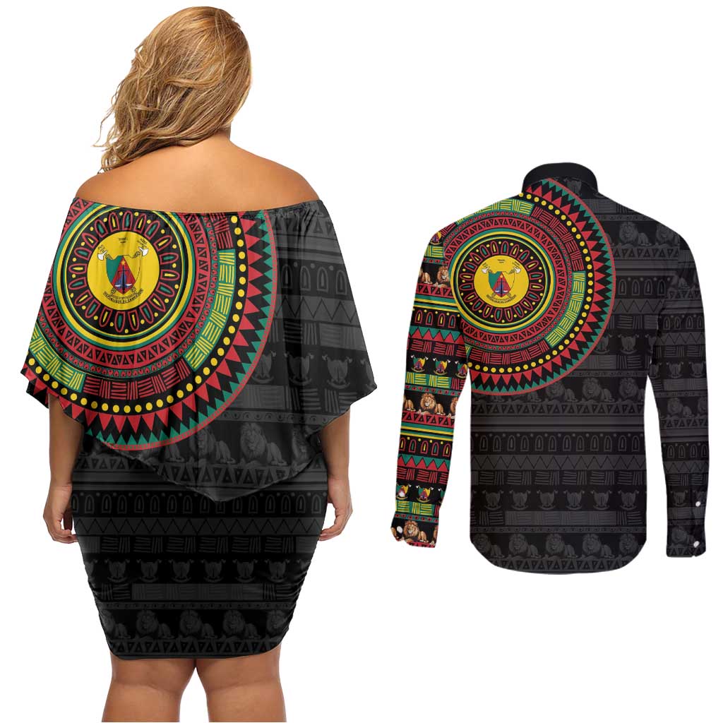 Cameroon Couples Matching Off Shoulder Short Dress and Long Sleeve Button Shirt African Tribal Pattern
