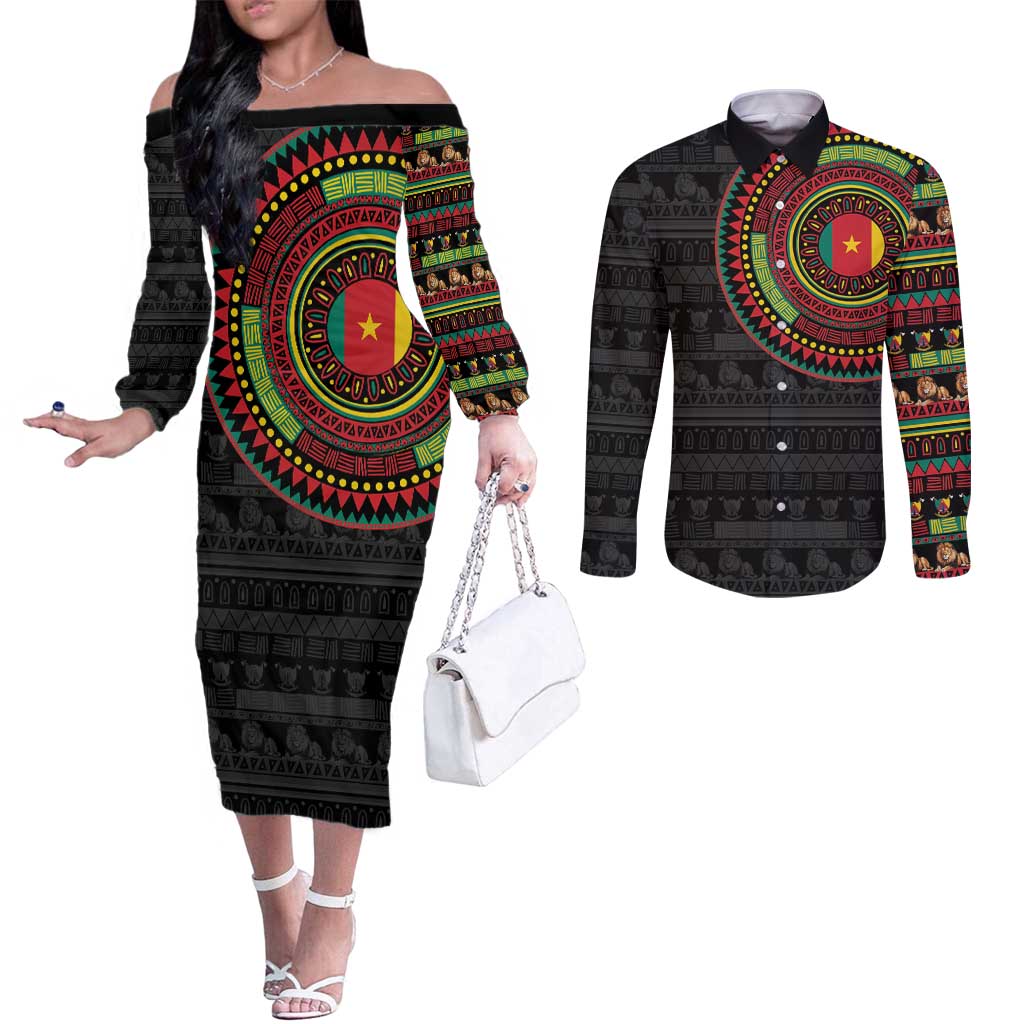 Cameroon Couples Matching Off The Shoulder Long Sleeve Dress and Long Sleeve Button Shirt African Tribal Pattern
