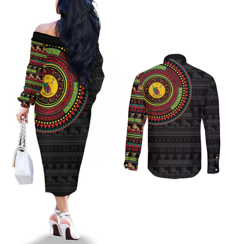 Cameroon Couples Matching Off The Shoulder Long Sleeve Dress and Long Sleeve Button Shirt African Tribal Pattern