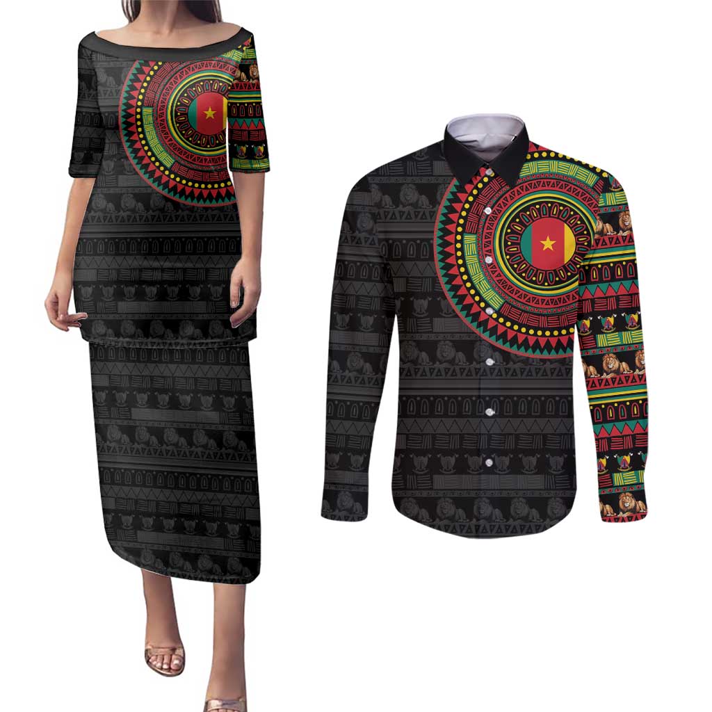 Cameroon Couples Matching Puletasi and Long Sleeve Button Shirt African Tribal Pattern