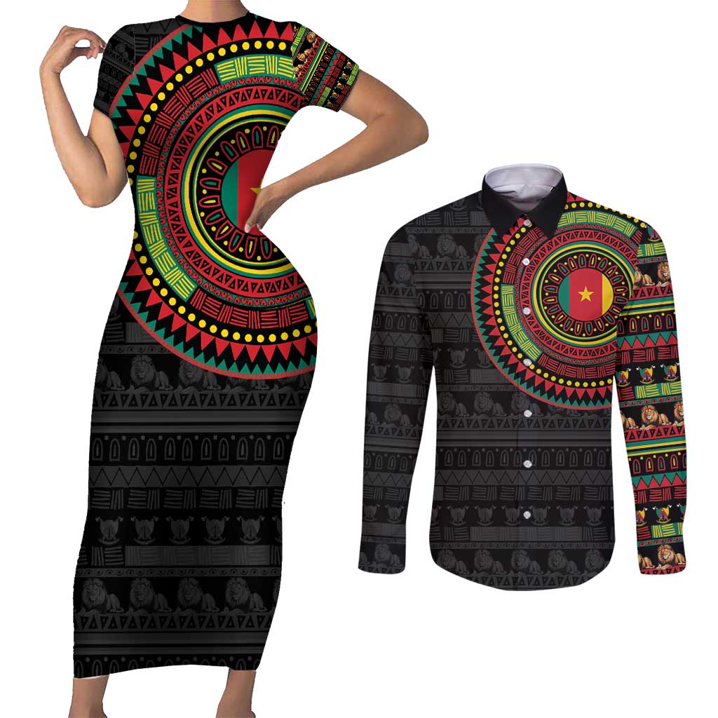 Cameroon Couples Matching Short Sleeve Bodycon Dress and Long Sleeve Button Shirt African Tribal Pattern