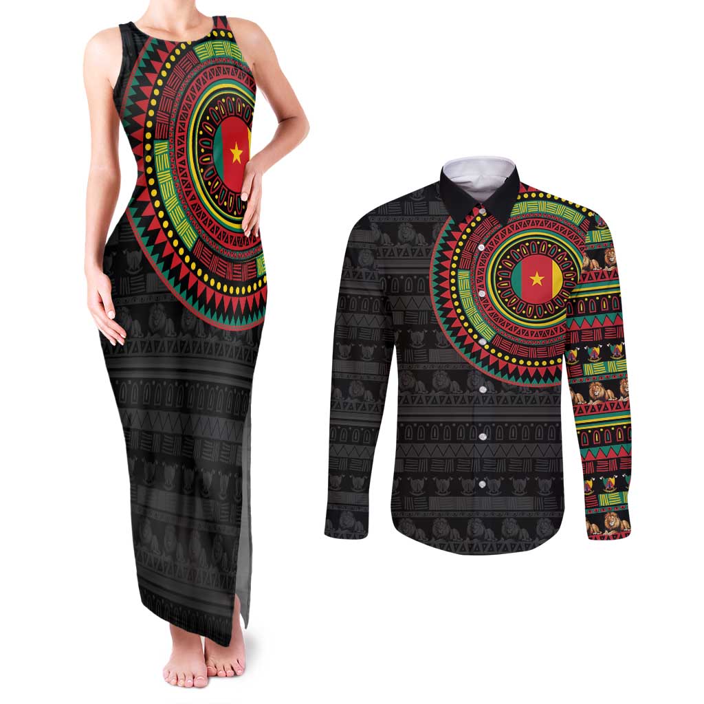 Cameroon Couples Matching Tank Maxi Dress and Long Sleeve Button Shirt African Tribal Pattern